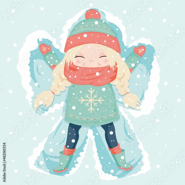 Fototapeta Young woman enjoy first snowfall. Happy blond girl lying in snow on back and moving arms and legs flat vector. Making angel in the snow. Christmas card