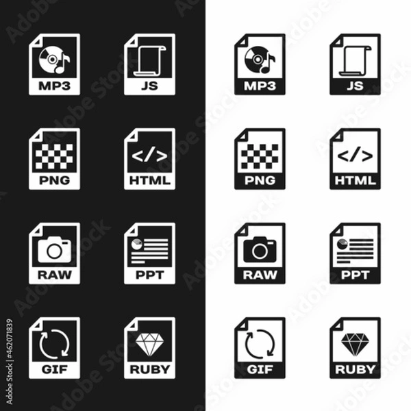 Fototapeta Set HTML file document, PNG, MP3, JS, RAW and PPT icon. Vector