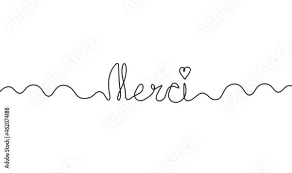 Fototapeta Calligraphic inscription of word "merci" as continuous line drawing on white  background. Vector