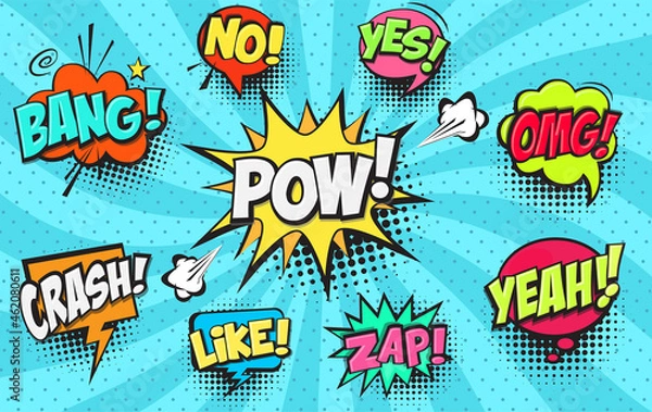 Fototapeta Collection of Cartoon, Comic Speech Bubbles. Colored Dialog Clouds with Halftone Dot Background in Pop Art Style