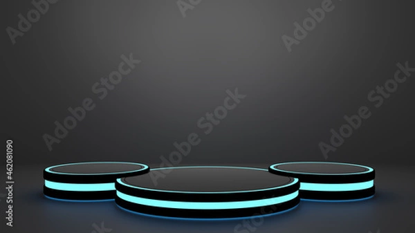 Obraz Product display triple podium with gaming and technology concepts, color neon light, pedestal, stand.