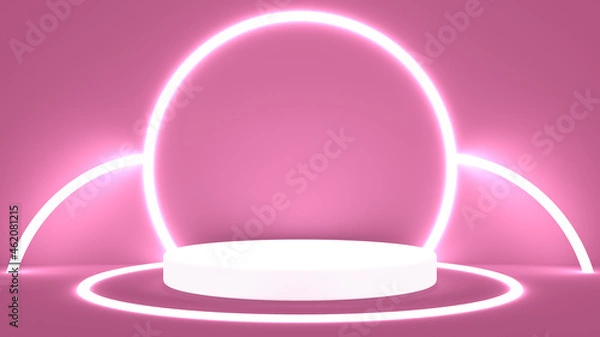 Obraz Eye-catching cylindrical pedestal for displaying products, illuminated with circular white lights. Stand or podium in 3 dimensions.