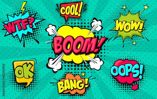Fototapeta Collection of Cartoon, Comic Speech Bubbles. Colored Dialog Clouds with Halftone Dot Background in Pop Art Style