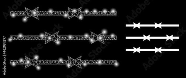 Fototapeta Bright mesh vector barbed wire fence with glare effect. White mesh, light spots on a black background with barbed wire fence icon. Mesh and glare elements are placed on different layers.