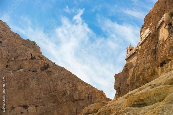 Obraz The Monastery of the Temptation and The Mount of Temptation in Jericho, Palestine. Greek Orthodox monastery. Judean desert