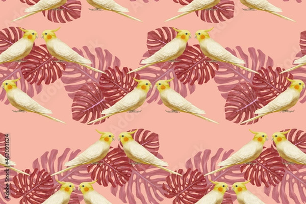 Fototapeta Seamless Pattern with hand-drawn Cockatiel and palm leaves, digitally colored