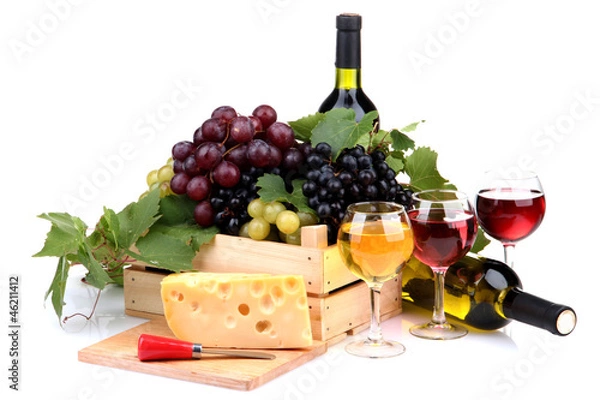 Fototapeta bottles and glasses of wine, assortment of grapes and cheese