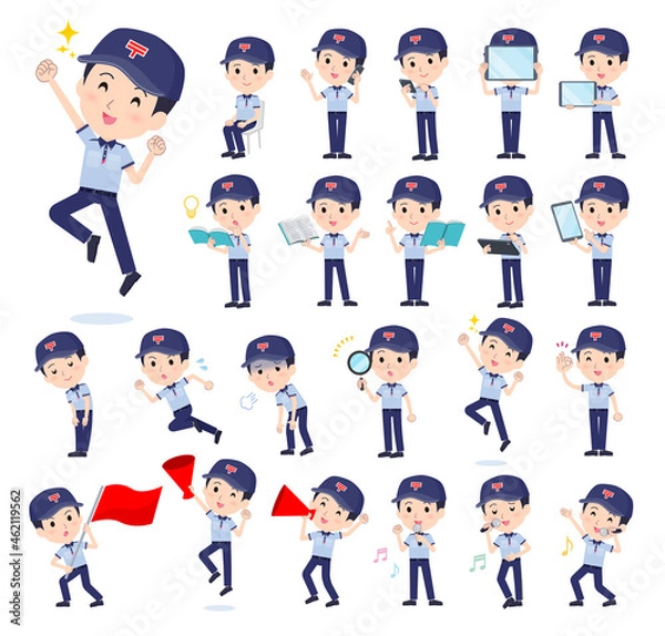 Fototapeta スマートフォンなどのデジタル機器を持つ郵便配達員男性のセット