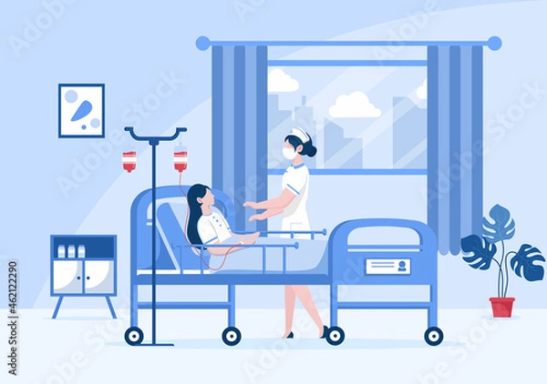 Fototapeta Doctor Checking a Patient in Hospital Room Background Vector Illustration. Medical Treatment With Patients For Healthcare, Consultation and Examination Health