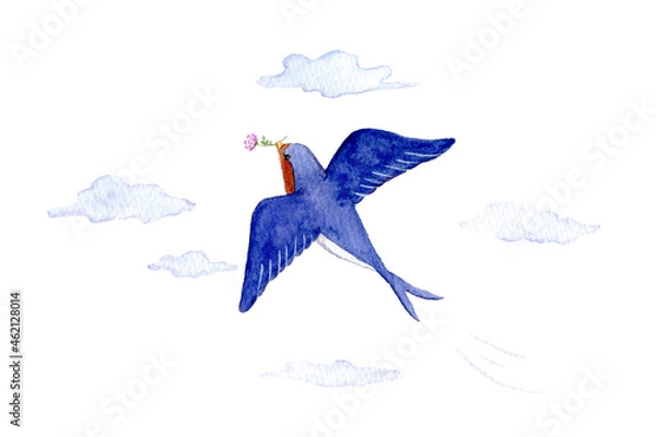 Obraz 空を飛ぶ花をくわえたツバメ　水彩イラスト