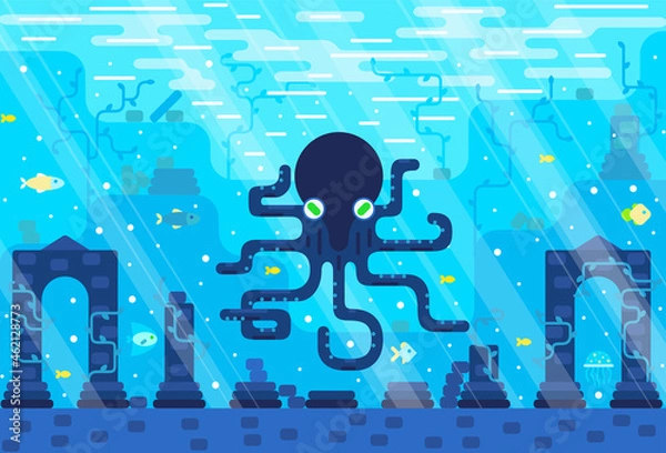 Fototapeta Big octopus on the seabed among the ruins of a flooded city Vector illustration in flat cartoon stile