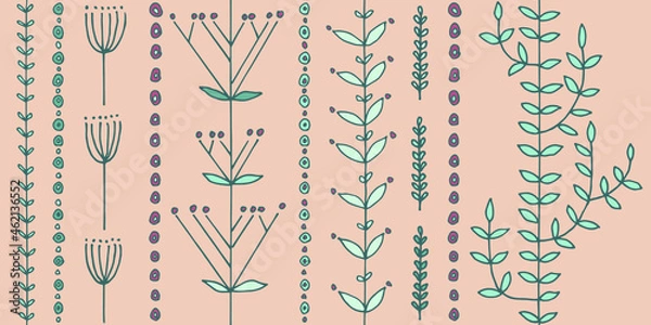 Fototapeta Seamless vector pattern with original plants and flowers vertically directed