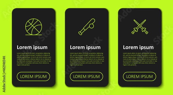 Fototapeta Set line Basketball ball, Baseball bat with and Fencing. Business infographic template. Vector