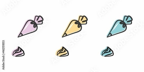 Fototapeta Three multicolored pastry bags that squeeze out the cream. Making marshmallows. Confectionery tools. Vector illustration of a pastry bag. Emblem for a pastry chef.