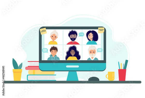 Obraz Online meeting via group call. Home office concept with monitor, plant and cup. Group of people doing video conference. Illustration in flat style. Stay at home. Self-isolation.