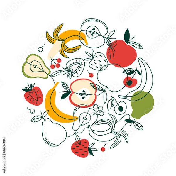 Obraz Round composition with different fruits and berries in flat style. Vector illustration with organic plant foods
