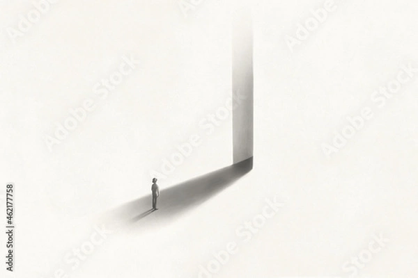Fototapeta Illustration of man entering in a surreal black light dark door, surreal abstract concept optical illusion