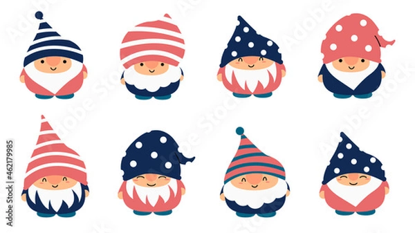 Fototapeta Little garden cute gnomes and elves in cartoon style. Characteristic fairies for children and kids. Kawaii gnome and magic elf design. Vector illustration.