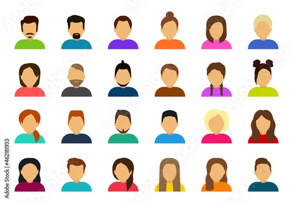 Obraz Big set of user avatar. Male and female faces. User pic, face icons for representing person in game, Internet forum, account. Unknown or anonymous person. People avatar profile icons. Flat style.