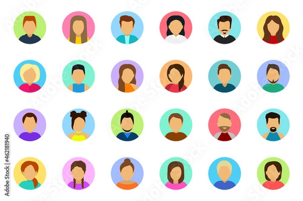 Obraz Big set of user avatar. Male and female faces. User pic, face icons for representing person in game, Internet forum, account. Unknown or anonymous person. People avatar profile icons. Flat style.