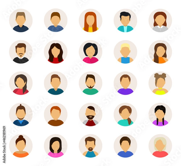 Obraz Big set of user avatar. Male and female faces. User pic, face icons for representing person in game, Internet forum, account. Unknown or anonymous person. People avatar profile icons. Flat style.