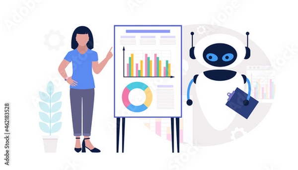 Fototapeta Robot with character analyzing infographic
