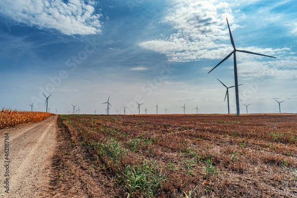 Obraz Wind power turbines in the countryside in a sunny day in agricultural field with blue sky and white clouds in summer