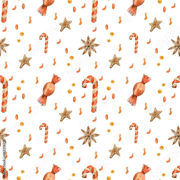 Fototapeta New year Sweet  illustration watercolor candy spices stars hand drawn seamless pattern on white background for fabric paper wrapping design