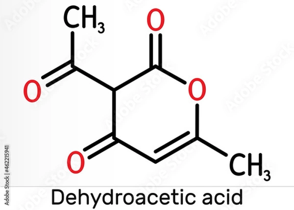 Fototapeta Dehydroacetic acid molecule. It is ketone, fungicide, antibacterial agent, plasticizer, E265. Skeletal chemical formula.