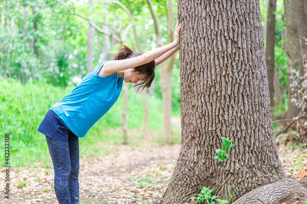 Fototapeta 自然の中でストレッチをする若い女性
