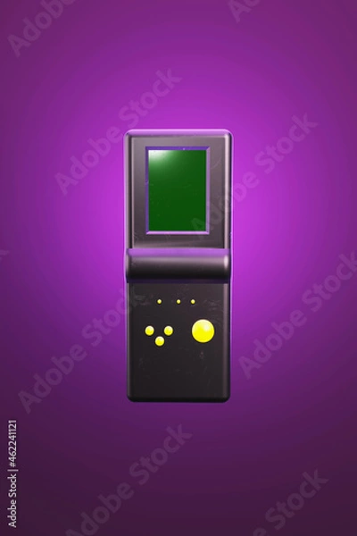 Fototapeta 3D illustration black retro electronic portable game console, 1980 90s style, on lilac background,  3D rendering