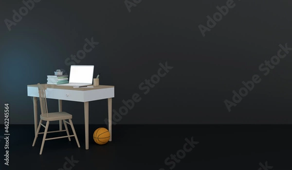 Obraz A freelancer's workplace. The interior of the workspace of a modern creative person with a laptop, books, an armchair and a basketball. 3d rendering.