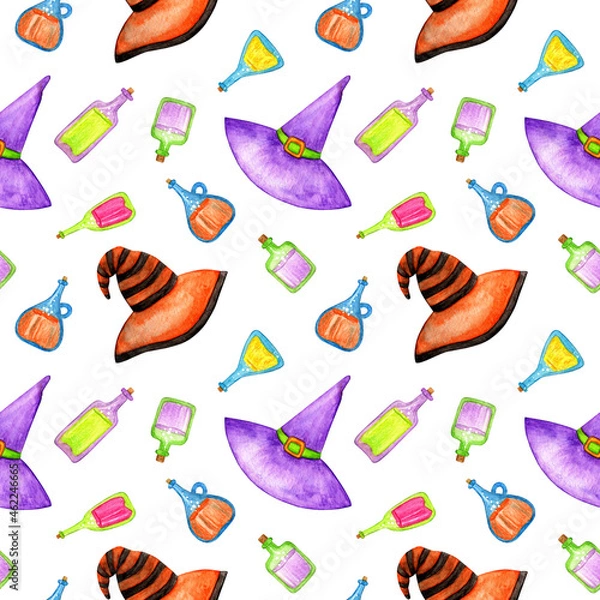 Fototapeta Seamless pattern, witch hats and bottles with poisonous drinks, for the holiday of Halloween. Hand drawn watercolor and pencils illustration on white background.