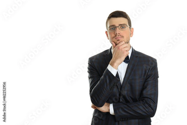 Obraz Pensive businessman isolated on white background, space for text