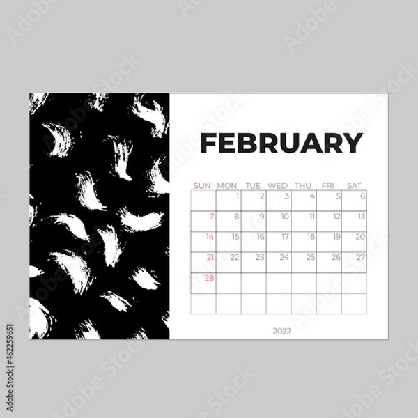Fototapeta Desk calender 2022 design, February month template, Calendar 2022 template, planner, simple, Wall calendar design, week starts on sunday, printing, advertiement, Yellow brushstroke background, vector