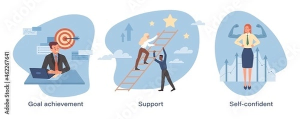 Fototapeta Set of motivation. Collection of pictures where people strive for dream. Concept of success, selfdevelopment, goal setting, planning. Cartoon flat vector illustrations isolated on white background