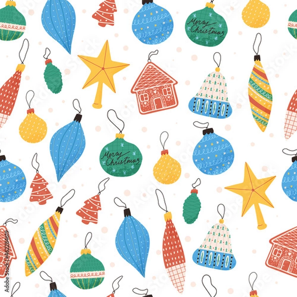 Fototapeta Cute Christmas pattern with colorful balls and toys for tree decoration, flat vector illustration on white. Seamless background for winter holidays and gifts wrapping paper.