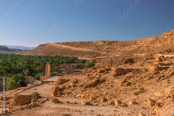Obraz Africa Morocco desert Atlas mountains nature rock landscape with river palm under blue sky hot weather 