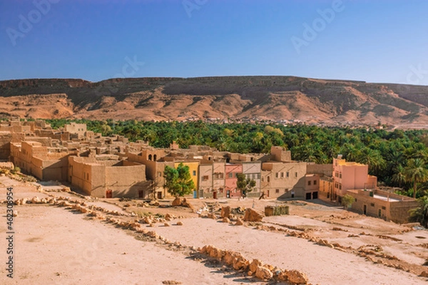 Obraz Africa Morocco desert Atlas mountains nature rock landscape with river palm under blue sky hot weather 