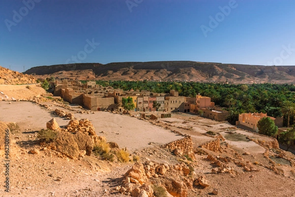 Obraz Africa Morocco desert Atlas mountains nature rock landscape with river palm under blue sky hot weather 