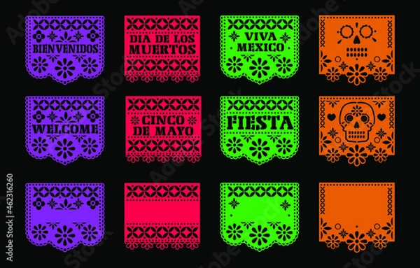 Fototapeta Papel picado. Day of the Dead. Dia de los muertos. vector with traditional mexican paper cut flags. space to write. Isolated on a black background. eps 10