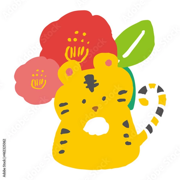 Fototapeta シンプルでかわいいトラと椿のイラスト