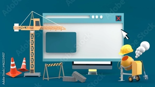 Fototapeta Under construction concept design for website with crane,cement mixer and construction material on blue background.-3d rendering...