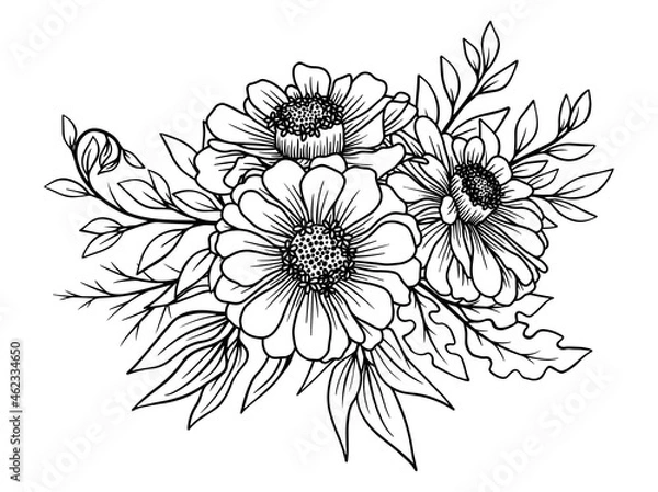 Fototapeta Flowers Line Art Sublimation. Hand drawn flower sketch line art illustration