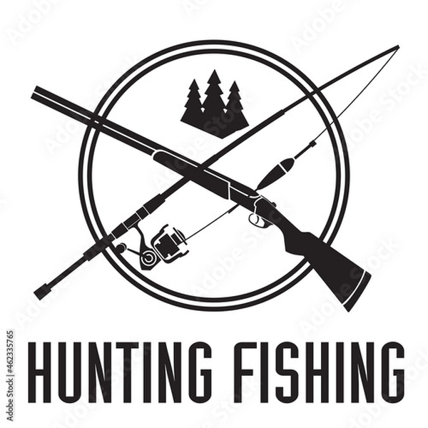 Obraz Hunting logo. Shotgun and fishing rod. Round emblem for a hunting club. Vector graphics