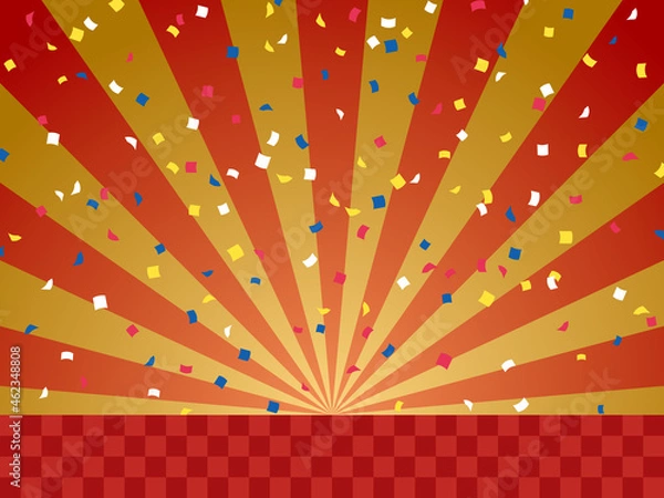Fototapeta 紙吹雪が降る赤金のサンバーストと市松模様の背景イラスト