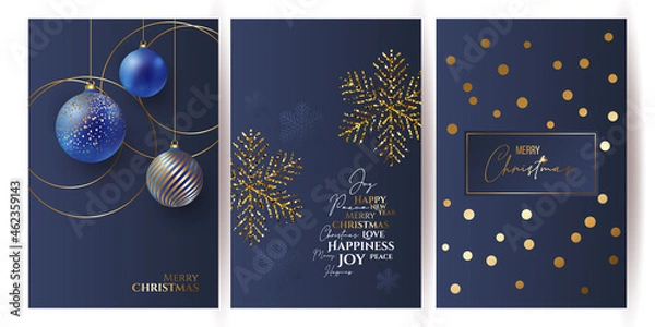 Obraz set of Luxury Elegant Merry Christmas and happy new year Poster Template cards, Gold Snowflakes and balls on blue background. Vector illustration. Snowflake frame and sparkles. Gold christmas balls.