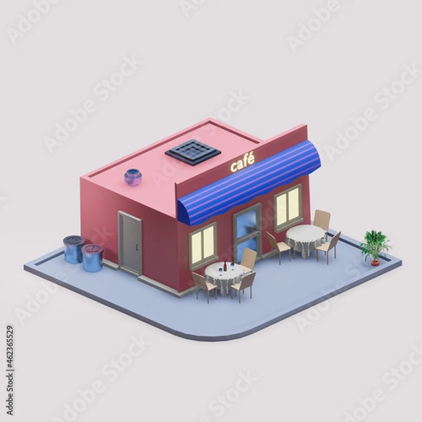 Fototapeta Cute 3d cafe. Small restaurant perspective model