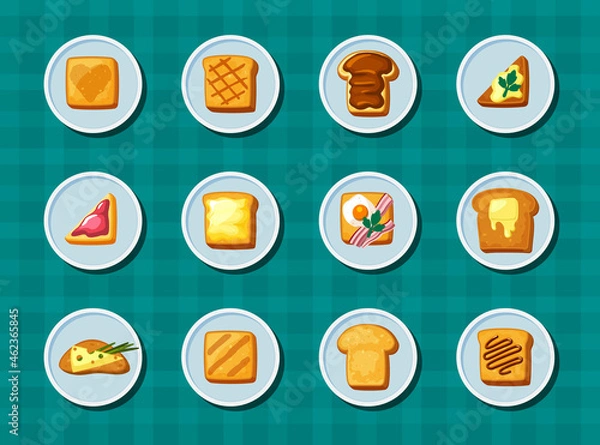 Fototapeta Bread toast on plates set. Mouth watering snacks with scrambled eggs and chocolate pasta light snack with cheese and green onions dessert with jam and salad organic breakfast. Cartoon vector.