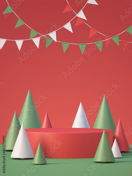 Fototapeta Christmas and newyear product podium mockup display background with chirstmas tree,3D render background